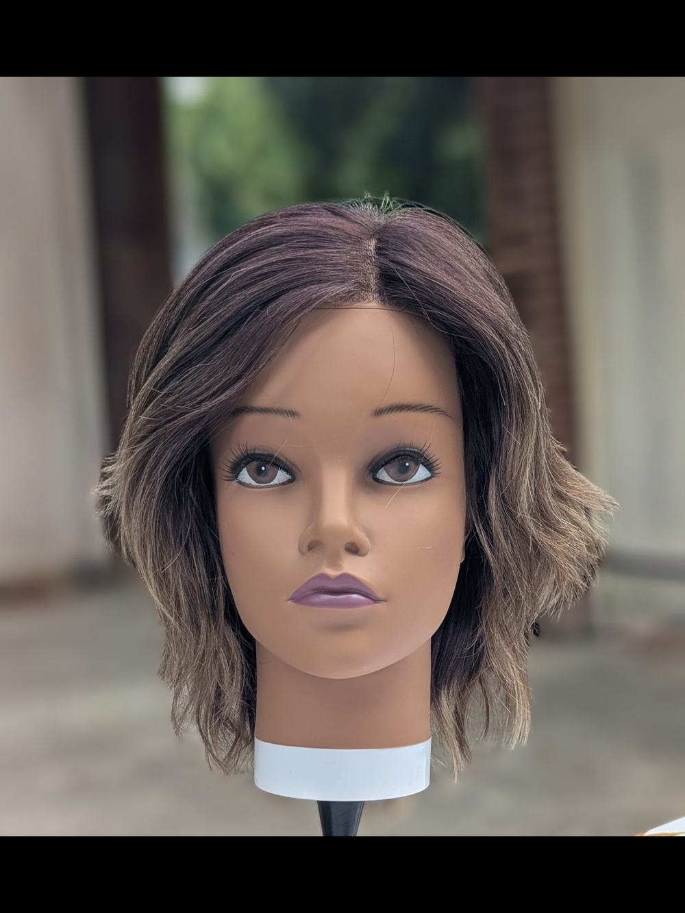 Short Layered Women's Wig in Dark Brown with Ash Blonde Highlights